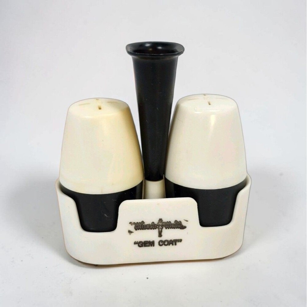 Vintage Miracle Maid Gem Coat Salt Pepper Shaker Set Caddy 1960s Promo Cookware